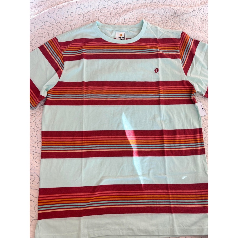 Hang Ten Mens Short Sleeve Striped Crew Neck Surf Tee Light Blue Red Medium